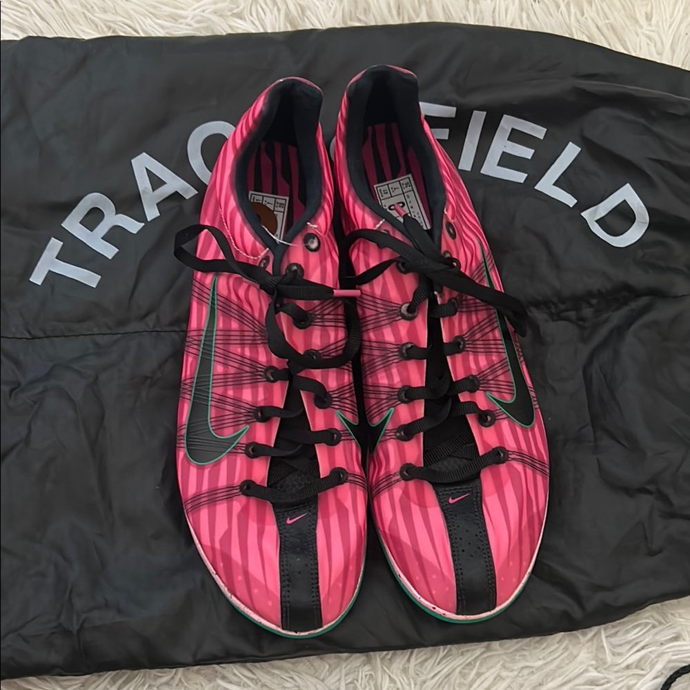 Pink, Green, and Black custom cross country track spikes.